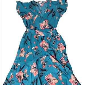 A.New Day blue & pink ruffle cottage faux core print floral wrap dress